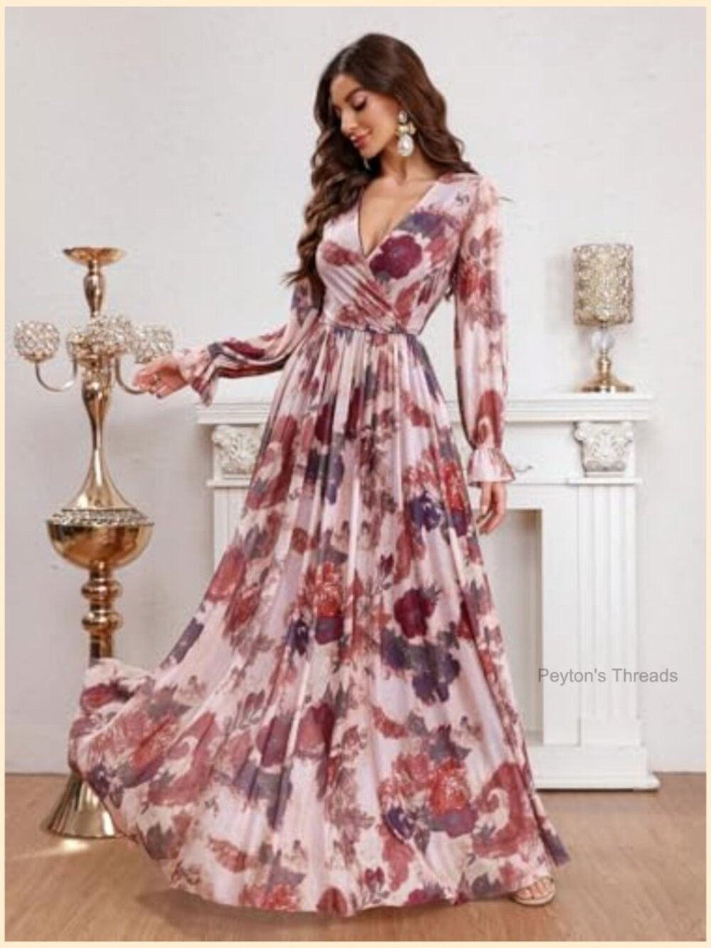 Bohemian V Neck Long Sleeve Ruffle Floral Maxi Dress - Summer - Picture 4 of 6